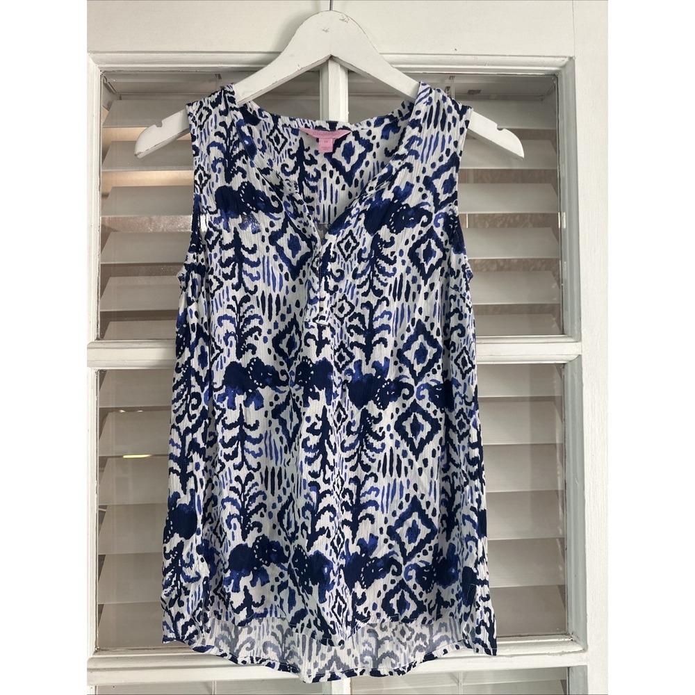 LILLY PULITZER Lilias Elephant Tons of Fun Blue White Tank Top Size XS
